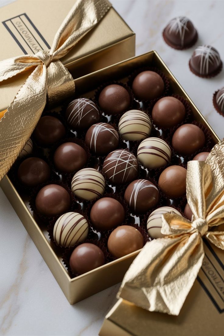 Caja dorada con lazo de satén llena de bombones artesanales de chocolate