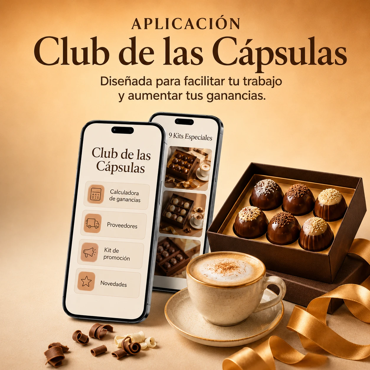 Aplicación Clube das Cápsulas en dos celulares junto a cápsulas artesanales y cappuccino